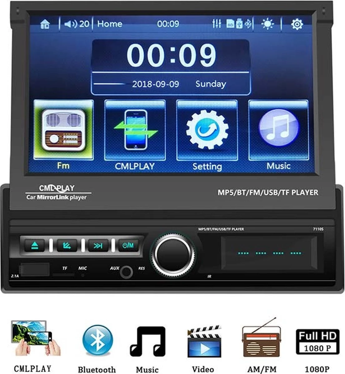 TechU™ Autoradio Met Klapscherm T96 Touchscreen – 1 Din Met Afstandsbediening – 7 Inch Kleuren Display – Bluetooth – AUX – USB – SD – FM Radio – Handsfree Bellen 3 TechU™ Autoradio Met Klapscherm T96 Touchscreen – 1 Din Met Afstandsbediening – 7 Inch Kleuren Display – Bluetooth – AUX – USB – SD – FM Radio – Handsfree Bellen