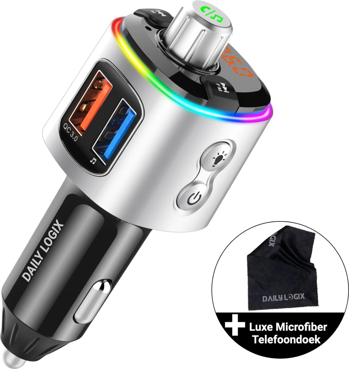 Bluetooth FM Transmitter - Muziek Streamen - Handsfree Bellen - Carkit Met LED Verlichting - Auto Accessories - Bluetooth Adapter - MP3 Speler - USB Stick - SD Kaart - Snellader Iphone/Samsung - Autoradio - Daily Logix® 3 Bluetooth FM Transmitter - Muziek Streamen - Handsfree Bellen - Carkit Met LED Verlichting - Auto Accessories - Bluetooth Adapter - MP3 Speler - USB Stick - SD Kaart - Snellader Iphone/Samsung - Autoradio - Daily Logix®