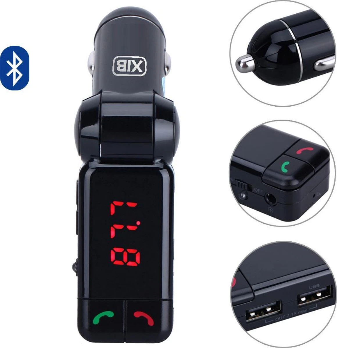 XIB Bluetooth FM Transmitter 2x USB En AUX 3.5mm Jack - MP3 Autoradio - Handsfree Carkit - Zwart 4 XIB Bluetooth FM Transmitter 2x USB En AUX 3.5mm Jack - MP3 Autoradio - Handsfree Carkit - Zwart - Afbeelding 2