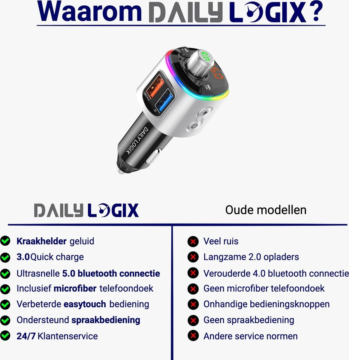 Bluetooth FM Transmitter - Muziek Streamen - Handsfree Bellen - Carkit Met LED Verlichting - Auto Accessories - Bluetooth Adapter - MP3 Speler - USB Stick - SD Kaart - Snellader Iphone/Samsung - Autoradio - Daily Logix® 13 Bluetooth FM Transmitter - Muziek Streamen - Handsfree Bellen - Carkit Met LED Verlichting - Auto Accessories - Bluetooth Adapter - MP3 Speler - USB Stick - SD Kaart - Snellader Iphone/Samsung - Autoradio - Daily Logix® - Afbeelding 11