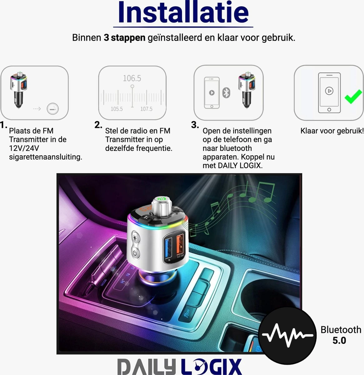 Bluetooth FM Transmitter - Muziek Streamen - Handsfree Bellen - Carkit Met LED Verlichting - Auto Accessories - Bluetooth Adapter - MP3 Speler - USB Stick - SD Kaart - Snellader Iphone/Samsung - Autoradio - Daily Logix® 10 Bluetooth FM Transmitter - Muziek Streamen - Handsfree Bellen - Carkit Met LED Verlichting - Auto Accessories - Bluetooth Adapter - MP3 Speler - USB Stick - SD Kaart - Snellader Iphone/Samsung - Autoradio - Daily Logix® - Afbeelding 8