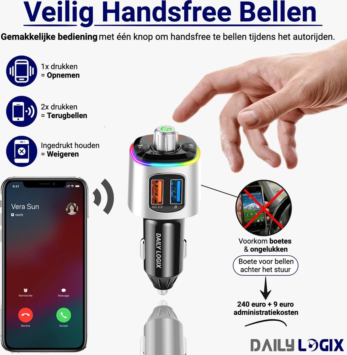 Bluetooth FM Transmitter - Muziek Streamen - Handsfree Bellen - Carkit Met LED Verlichting - Auto Accessories - Bluetooth Adapter - MP3 Speler - USB Stick - SD Kaart - Snellader Iphone/Samsung - Autoradio - Daily Logix® 7 Bluetooth FM Transmitter - Muziek Streamen - Handsfree Bellen - Carkit Met LED Verlichting - Auto Accessories - Bluetooth Adapter - MP3 Speler - USB Stick - SD Kaart - Snellader Iphone/Samsung - Autoradio - Daily Logix® - Afbeelding 5
