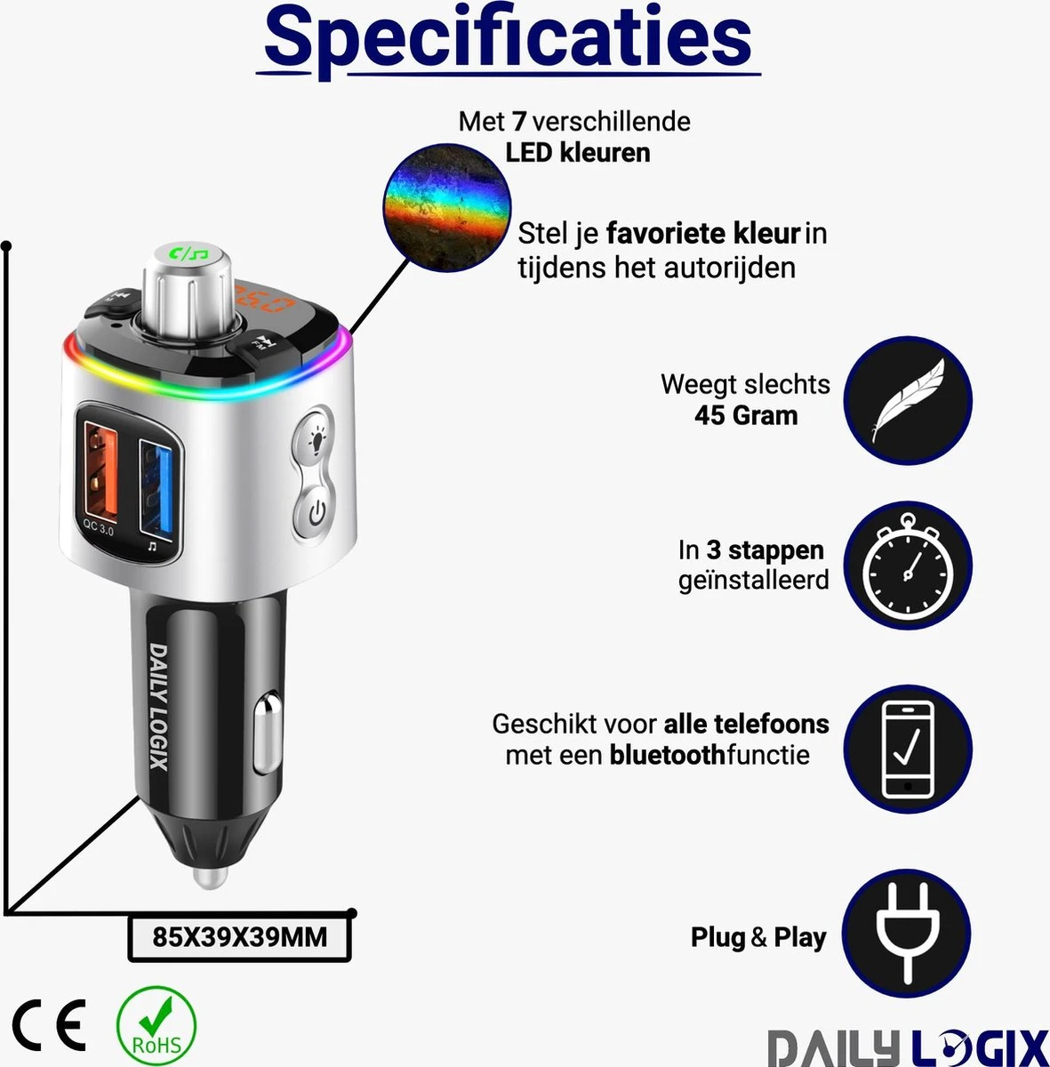 Bluetooth FM Transmitter - Muziek Streamen - Handsfree Bellen - Carkit Met LED Verlichting - Auto Accessories - Bluetooth Adapter - MP3 Speler - USB Stick - SD Kaart - Snellader Iphone/Samsung - Autoradio - Daily Logix® 11 Bluetooth FM Transmitter - Muziek Streamen - Handsfree Bellen - Carkit Met LED Verlichting - Auto Accessories - Bluetooth Adapter - MP3 Speler - USB Stick - SD Kaart - Snellader Iphone/Samsung - Autoradio - Daily Logix® - Afbeelding 9