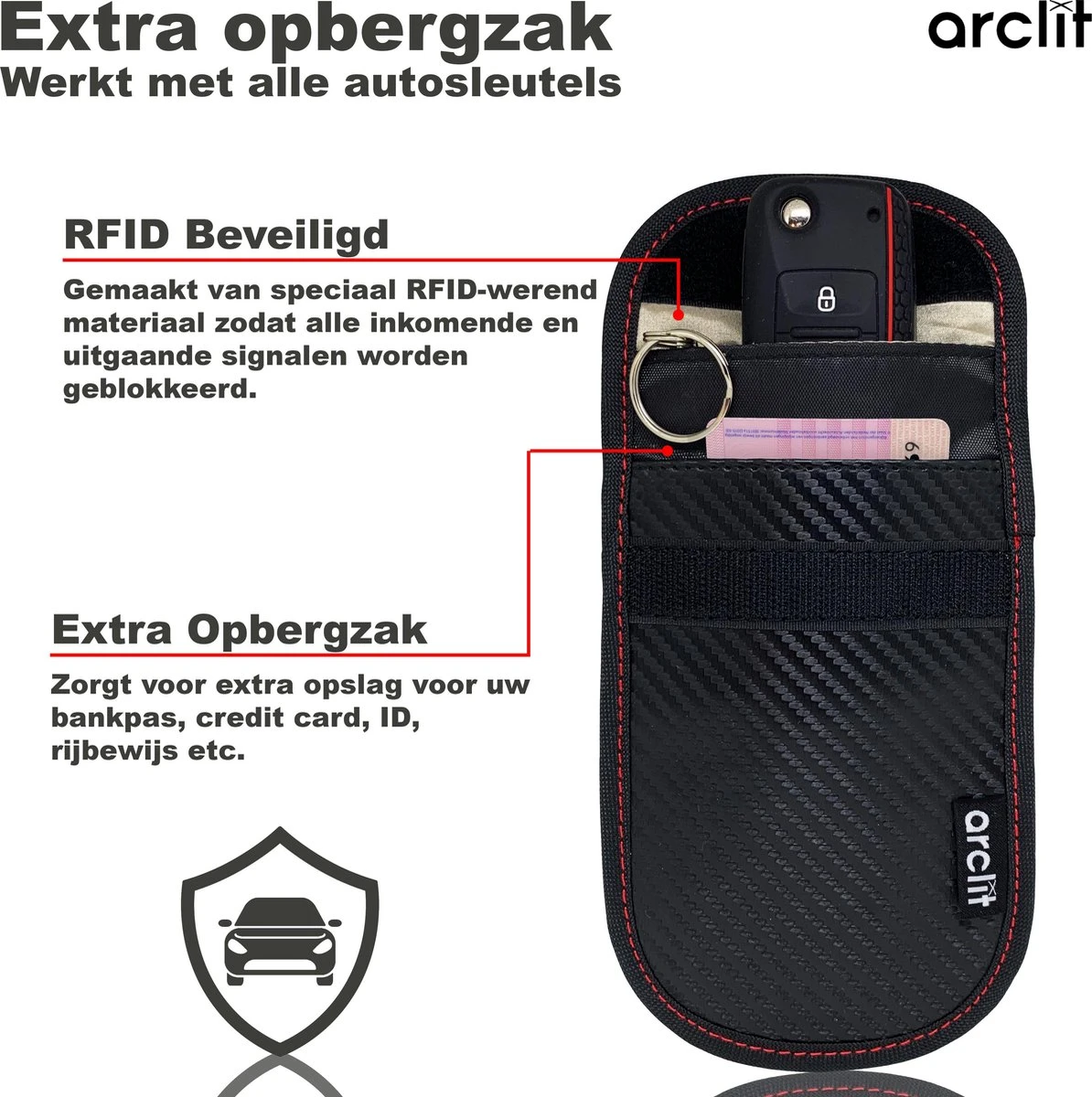 Arclit® | 2x Autosleutel RFID Anti-Diefstal Beschermhoes + 2x RFID Kaarthouders | 2Pack | Keyless Entry Beveiliging Hoesje | Signaal Blokkerende Beschermhoes | Voordeelverpakking | Carbon | Maat M 4 Arclit® | 2x Autosleutel RFID Anti-Diefstal Beschermhoes + 2x RFID Kaarthouders | 2Pack | Keyless Entry Beveiliging Hoesje | Signaal Blokkerende Beschermhoes | Voordeelverpakking | Carbon | Maat M - Afbeelding 2