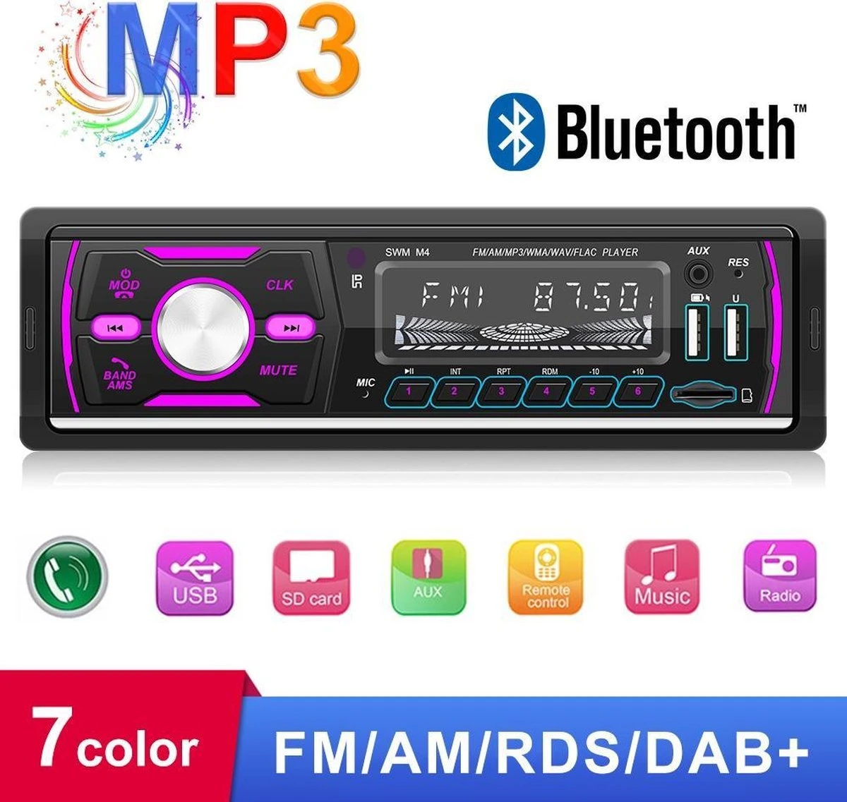 TechU™ Autoradio T93 – 1 Din Met Afstandsbediening – 7 Kleuren LCD Display – Bluetooth – AUX – USB – SD – DAB DAB+ FM Radio – Handsfree Bellen 10 TechU™ Autoradio T93 – 1 Din Met Afstandsbediening – 7 Kleuren LCD Display – Bluetooth – AUX – USB – SD – DAB DAB+ FM Radio – Handsfree Bellen - Afbeelding 8