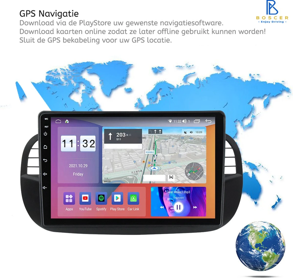 Boscer® Autoradio Android 11 - Fiat 500 2007-2015 - Apple Carplay & Android Auto (Draadloos) - 9'' Navigatiesysteem - Wit/Beige - Achteruitrijcamera 4 Boscer® Autoradio Android 11 - Fiat 500 2007-2015 - Apple Carplay & Android Auto (Draadloos) - 9'' Navigatiesysteem - Wit/Beige - Achteruitrijcamera - Afbeelding 2