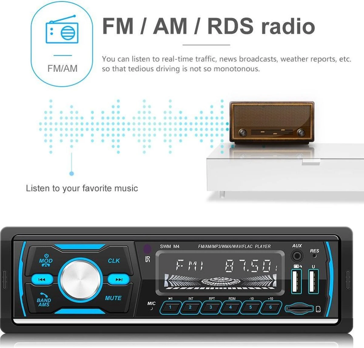 TechU™ Autoradio T93 – 1 Din Met Afstandsbediening – 7 Kleuren LCD Display – Bluetooth – AUX – USB – SD – DAB DAB+ FM Radio – Handsfree Bellen 7 TechU™ Autoradio T93 – 1 Din Met Afstandsbediening – 7 Kleuren LCD Display – Bluetooth – AUX – USB – SD – DAB DAB+ FM Radio – Handsfree Bellen - Afbeelding 5