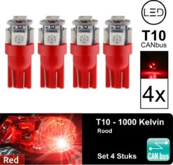 Merkloos T10 Led Lamp Rood 1000k (Set 4 Stuks) Canbus 5W5 | W5W | 5 LED | RED | Led Signal Light | 12V | 168 | 194 | 4x | Stadslicht | Kentekenplaat Verlichting | 320 Lumen | 5050 5SMD | 1000 Kelvin | Autolamp | Autolampen | Car Licht | Lampen |