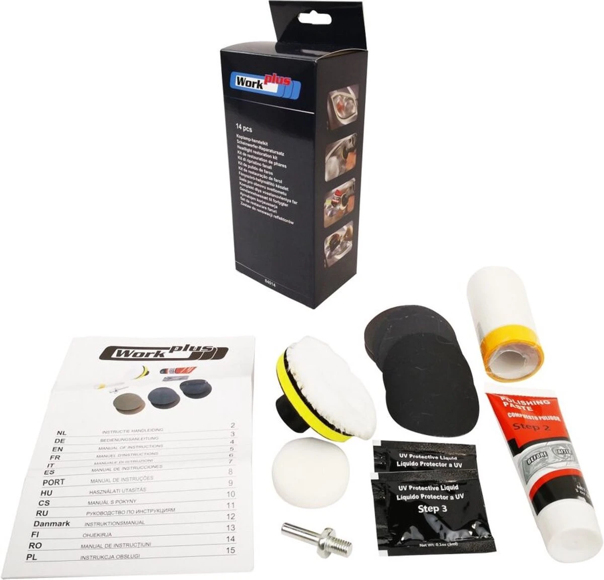 Work Plus Koplamp Polijstset 14 Delig, Polijst Set Voor Voor Vergeling Van De Koplampen T.b.v. De APK 3 Work Plus Koplamp Polijstset 14 Delig, Polijst Set Voor Voor Vergeling Van De Koplampen T.b.v. De APK