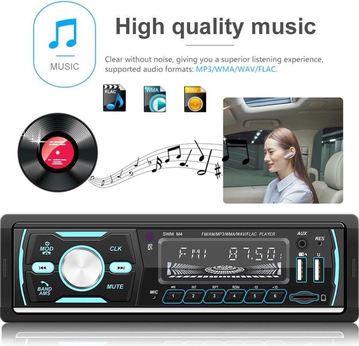 TechU™ Autoradio T93 – 1 Din Met Afstandsbediening – 7 Kleuren LCD Display – Bluetooth – AUX – USB – SD – DAB DAB+ FM Radio – Handsfree Bellen 6 TechU™ Autoradio T93 – 1 Din Met Afstandsbediening – 7 Kleuren LCD Display – Bluetooth – AUX – USB – SD – DAB DAB+ FM Radio – Handsfree Bellen - Afbeelding 4
