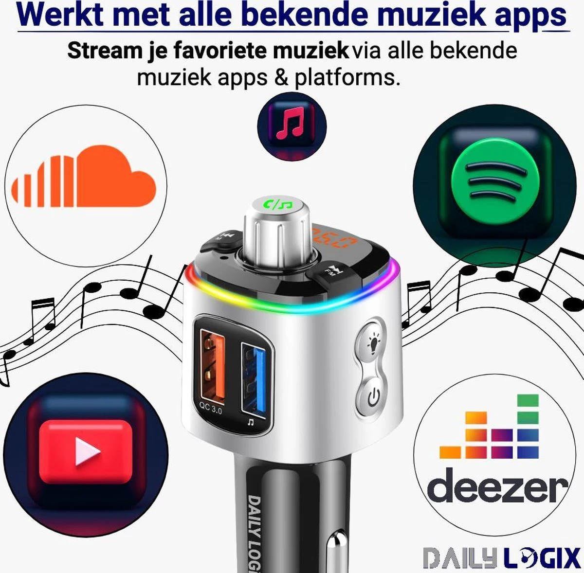 Bluetooth FM Transmitter - Muziek Streamen - Handsfree Bellen - Carkit Met LED Verlichting - Auto Accessories - Bluetooth Adapter - MP3 Speler - USB Stick - SD Kaart - Snellader Iphone/Samsung - Autoradio - Daily Logix® 5 Bluetooth FM Transmitter - Muziek Streamen - Handsfree Bellen - Carkit Met LED Verlichting - Auto Accessories - Bluetooth Adapter - MP3 Speler - USB Stick - SD Kaart - Snellader Iphone/Samsung - Autoradio - Daily Logix® - Afbeelding 3