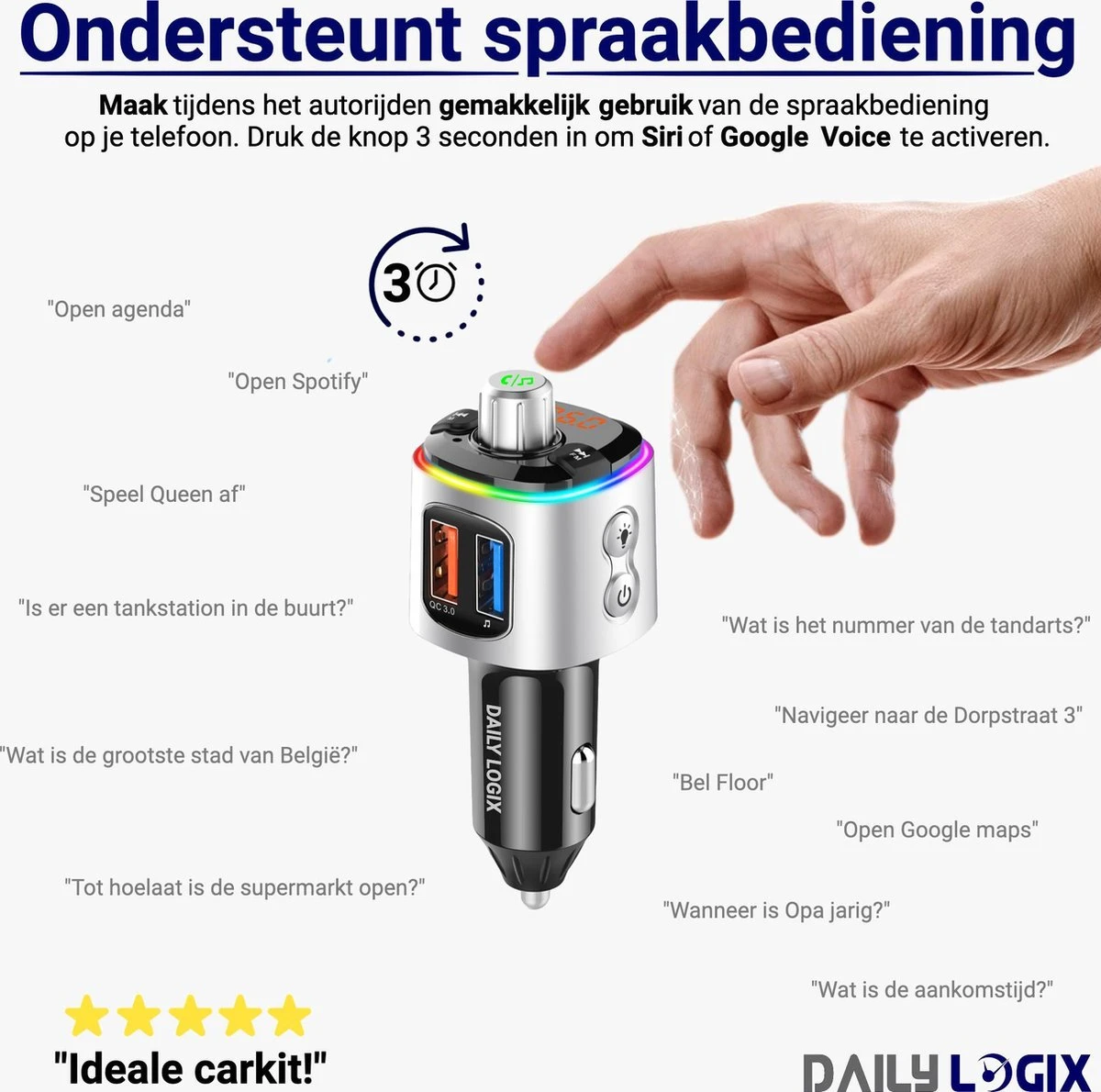 Bluetooth FM Transmitter - Muziek Streamen - Handsfree Bellen - Carkit Met LED Verlichting - Auto Accessories - Bluetooth Adapter - MP3 Speler - USB Stick - SD Kaart - Snellader Iphone/Samsung - Autoradio - Daily Logix® 9 Bluetooth FM Transmitter - Muziek Streamen - Handsfree Bellen - Carkit Met LED Verlichting - Auto Accessories - Bluetooth Adapter - MP3 Speler - USB Stick - SD Kaart - Snellader Iphone/Samsung - Autoradio - Daily Logix® - Afbeelding 7