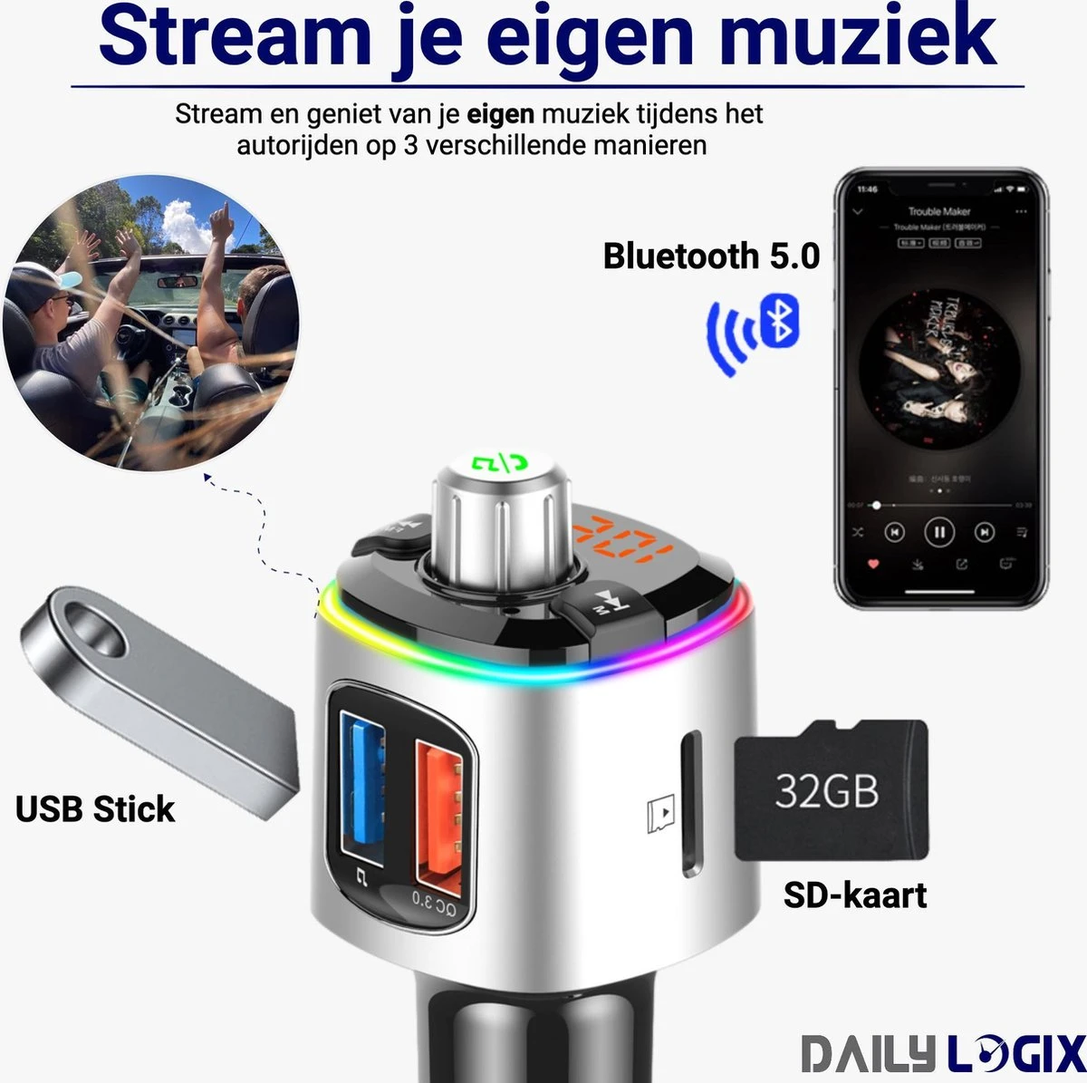Bluetooth FM Transmitter - Muziek Streamen - Handsfree Bellen - Carkit Met LED Verlichting - Auto Accessories - Bluetooth Adapter - MP3 Speler - USB Stick - SD Kaart - Snellader Iphone/Samsung - Autoradio - Daily Logix® 4 Bluetooth FM Transmitter - Muziek Streamen - Handsfree Bellen - Carkit Met LED Verlichting - Auto Accessories - Bluetooth Adapter - MP3 Speler - USB Stick - SD Kaart - Snellader Iphone/Samsung - Autoradio - Daily Logix® - Afbeelding 2