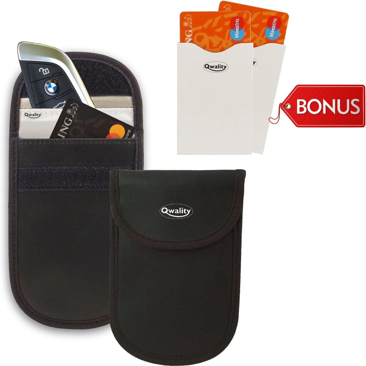 Faraday Kooi Hoesje (2 PACK) + 2x RFID Kaarthouders - Autosleutel RFID Antidiefstal - Keyless Entry Go Sleutel Etui - Qwality4u 3 Faraday Kooi Hoesje (2 PACK) + 2x RFID Kaarthouders - Autosleutel RFID Antidiefstal - Keyless Entry Go Sleutel Etui - Qwality4u