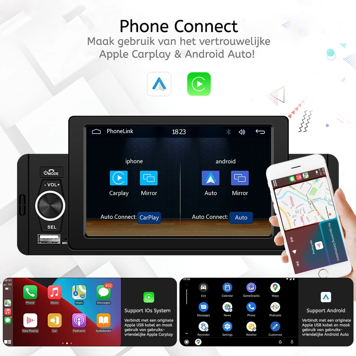 Boscer® 1Din Autoradio | 5' HD Touchscreen | Apple Carplay & Android Auto | Bluetooth, USB & MP5 | Achteruitrijcamera & Externe Microfoon 4 Boscer® 1Din Autoradio | 5' HD Touchscreen | Apple Carplay & Android Auto | Bluetooth, USB & MP5 | Achteruitrijcamera & Externe Microfoon - Afbeelding 2