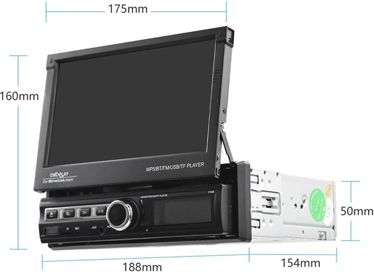 TechU™ Autoradio Met Klapscherm T96 Touchscreen – 1 Din Met Afstandsbediening – 7 Inch Kleuren Display – Bluetooth – AUX – USB – SD – FM Radio – Handsfree Bellen 4 TechU™ Autoradio Met Klapscherm T96 Touchscreen – 1 Din Met Afstandsbediening – 7 Inch Kleuren Display – Bluetooth – AUX – USB – SD – FM Radio – Handsfree Bellen - Afbeelding 2