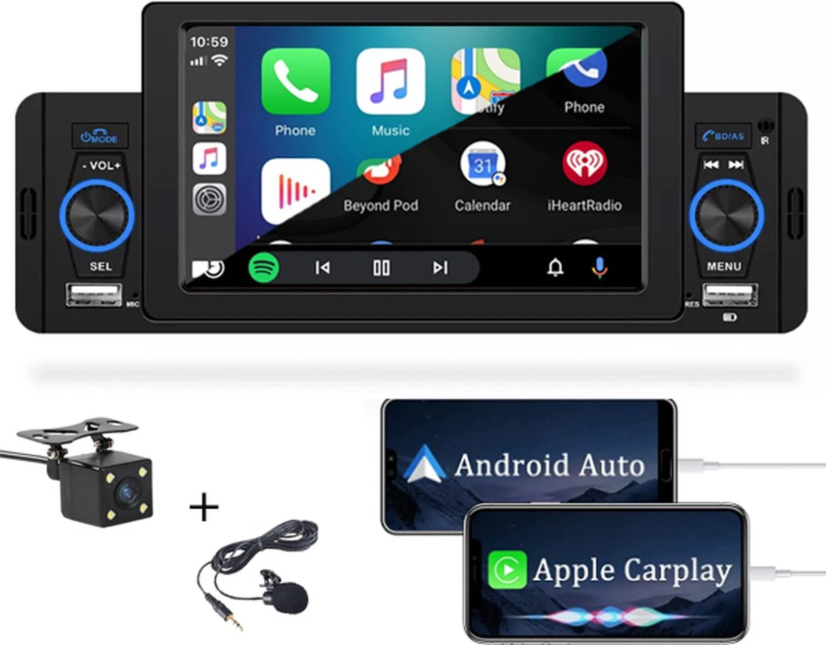 Boscer® 1Din Autoradio | 5' HD Touchscreen | Apple Carplay & Android Auto | Bluetooth, USB & MP5 | Achteruitrijcamera & Externe Microfoon 3 Boscer® 1Din Autoradio | 5' HD Touchscreen | Apple Carplay & Android Auto | Bluetooth, USB & MP5 | Achteruitrijcamera & Externe Microfoon