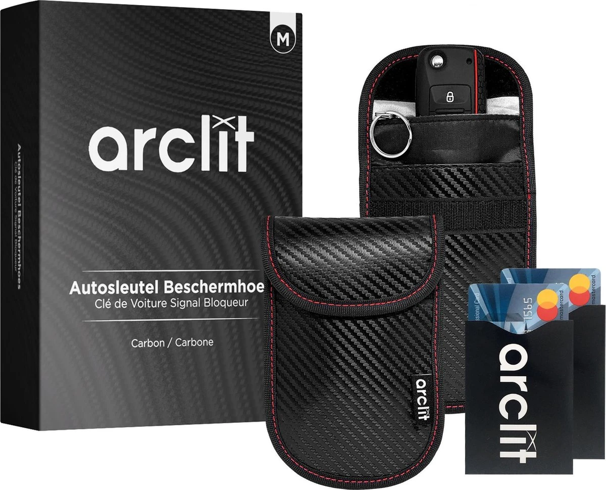 Arclit® | 2x Autosleutel RFID Anti-Diefstal Beschermhoes + 2x RFID Kaarthouders | 2Pack | Keyless Entry Beveiliging Hoesje | Signaal Blokkerende Beschermhoes | Voordeelverpakking | Carbon | Maat M 3 Arclit® | 2x Autosleutel RFID Anti-Diefstal Beschermhoes + 2x RFID Kaarthouders | 2Pack | Keyless Entry Beveiliging Hoesje | Signaal Blokkerende Beschermhoes | Voordeelverpakking | Carbon | Maat M