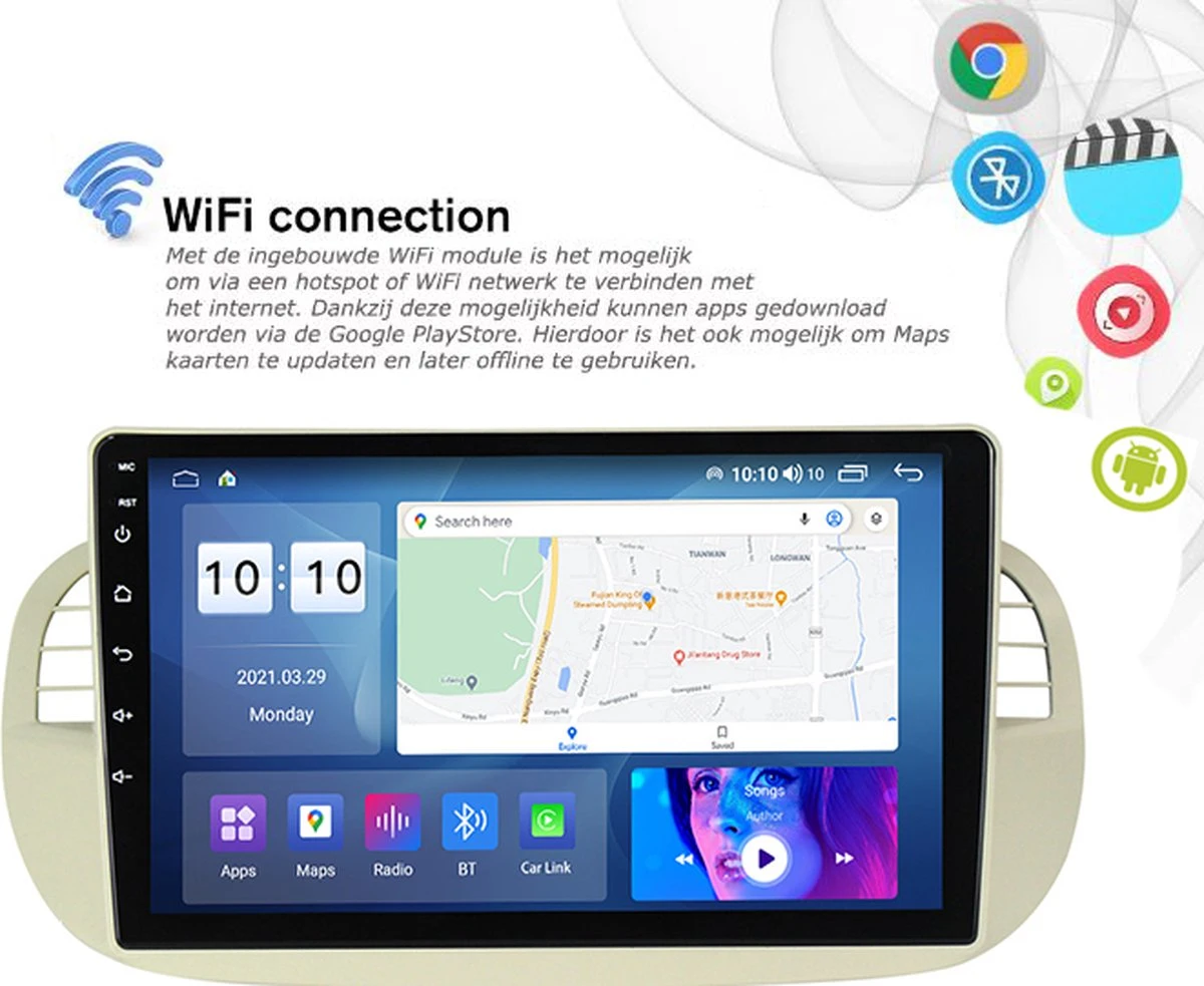 Boscer® Autoradio Android 11 - Fiat 500 2007-2015 - Apple Carplay & Android Auto (Draadloos) - 9'' Navigatiesysteem - Wit/Beige - Achteruitrijcamera 7 Boscer® Autoradio Android 11 - Fiat 500 2007-2015 - Apple Carplay & Android Auto (Draadloos) - 9'' Navigatiesysteem - Wit/Beige - Achteruitrijcamera - Afbeelding 5