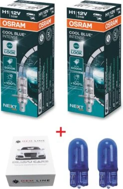 2x OEM Line T10 / W5W Lampen + 2x H1 LED 5000K Lookalike Lampen Osram Cool Blue Intense (NEXT GEN) Heldere Extra Witte Licht Tot 5000 Kelvin En Tot 100% Meer Helderheid Lichtsterkte LED / Xenon Look Koplampen Auto Lampen Set Dimlicht / Grootlicht