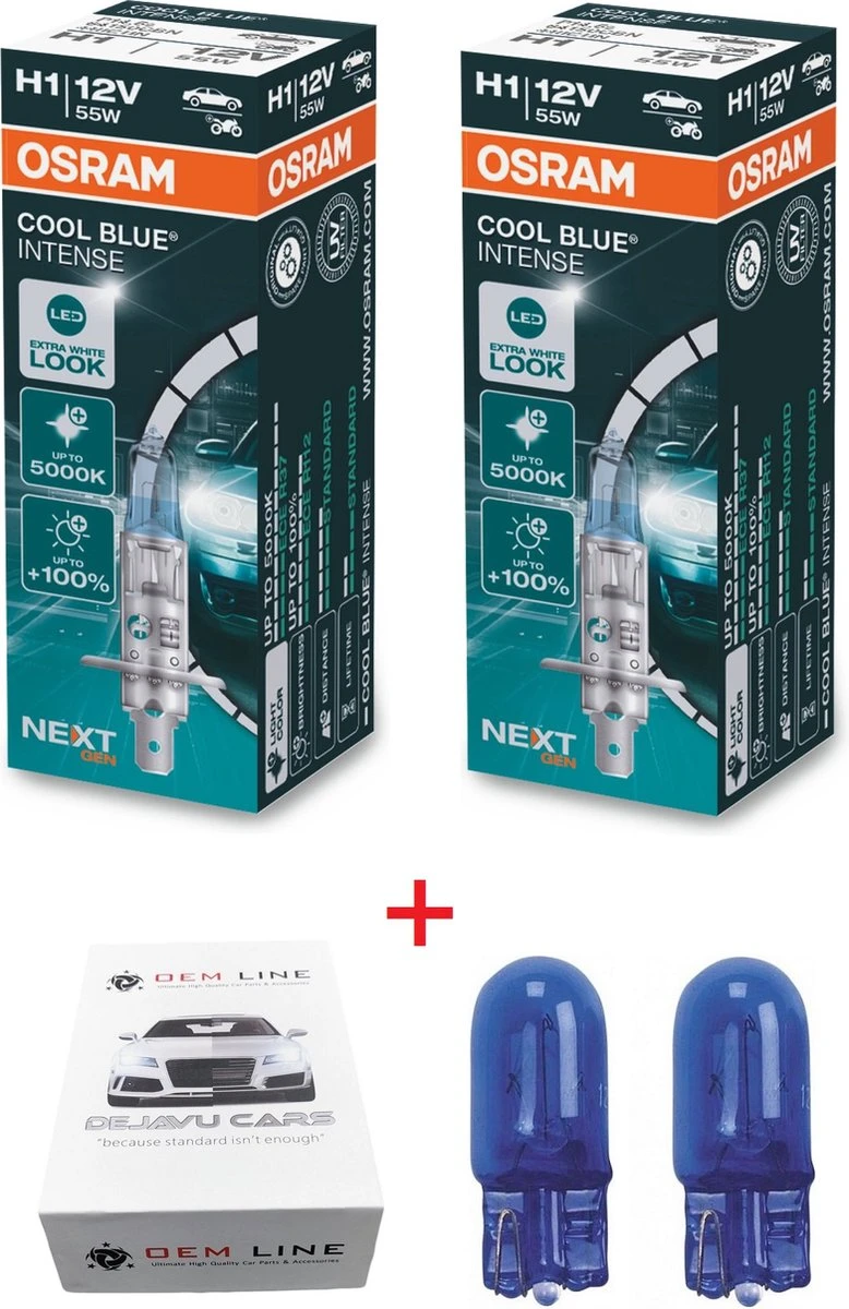 2x OEM Line T10 / W5W Lampen + 2x H1 LED 5000K Lookalike Lampen Osram Cool Blue Intense (NEXT GEN) Heldere Extra Witte Licht Tot 5000 Kelvin En Tot 100% Meer Helderheid Lichtsterkte LED / Xenon Look Koplampen Auto Lampen Set Dimlicht / Grootlicht 3 2x OEM Line T10 / W5W Lampen + 2x H1 LED 5000K Lookalike Lampen Osram Cool Blue Intense (NEXT GEN) Heldere Extra Witte Licht Tot 5000 Kelvin En Tot 100% Meer Helderheid Lichtsterkte LED / Xenon Look Koplampen Auto Lampen Set Dimlicht / Grootlicht