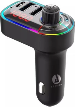 Apeiron FM Transmitter - Bluetooth - Autolader - Draadloze Carkit - RGB Light - 2x Fastcharger USB Poort - USB-C Poort - Handsfree Bellen - Voor Alle Telefoons - FM Transmitter Auto - Bluetooth 5.0